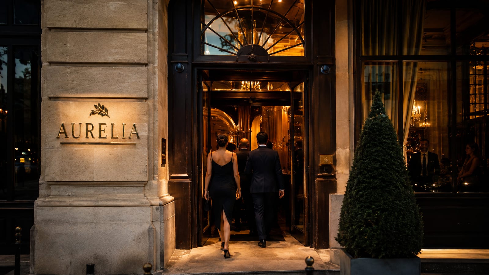Fachada iluminada de un restaurante de noche con una pareja entrando — branding de restaurante de Estudio Varsovia