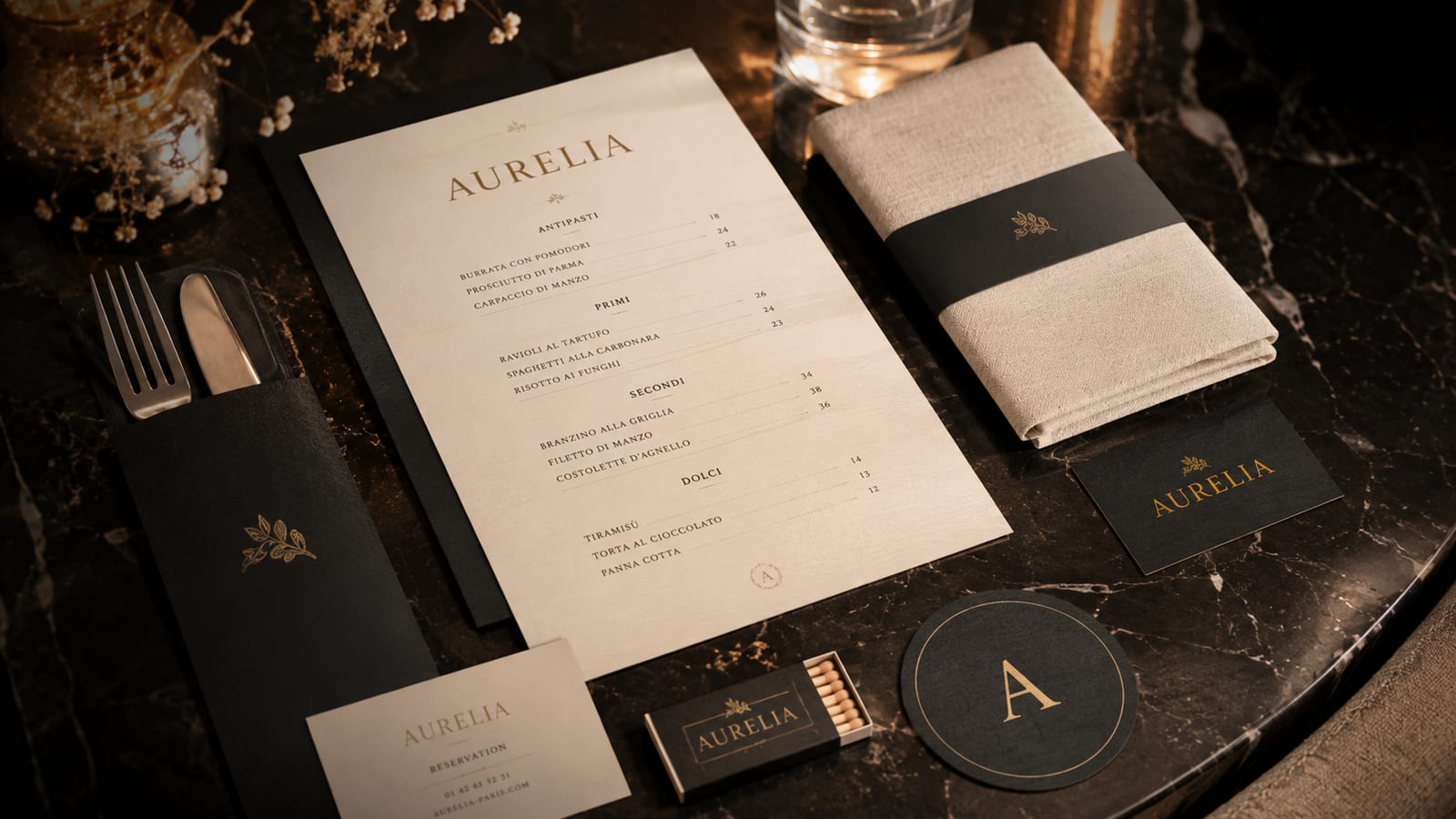 Sistema de papelería de restaurante sobre mármol: carta, servilleta, tarjeta y fósforos con logo dorado
