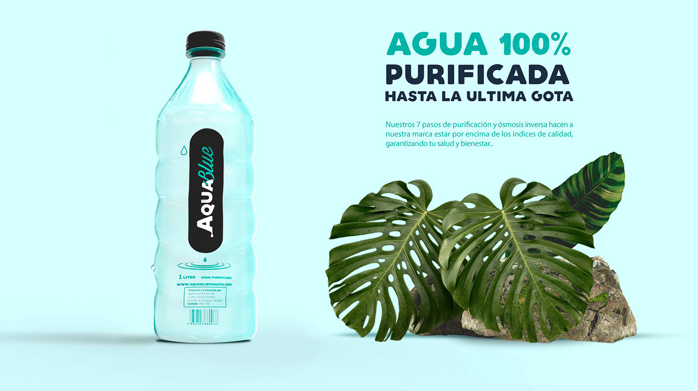Aplicación de la identidad de AquaBlue en packaging de agua purificada
